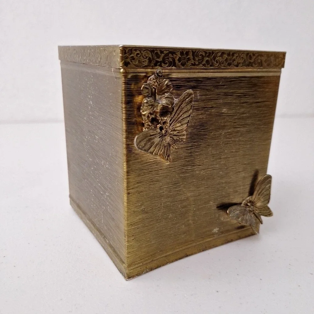 Antique Brass Butterfly Tissue Box Holder 3-D Butterflies & Flower, Heavy